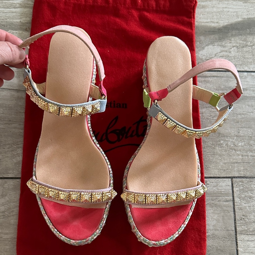 Christian Louboutin Pink and Gold Studded Slingback Sandals